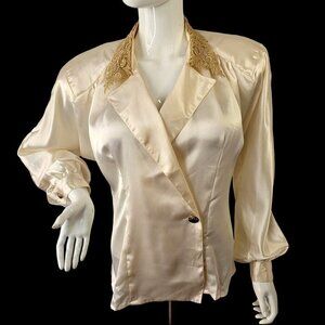 Nilani 80s Ivory Satin Blouse Women 12 Gold Lace Collar & Button Detail Long Slv